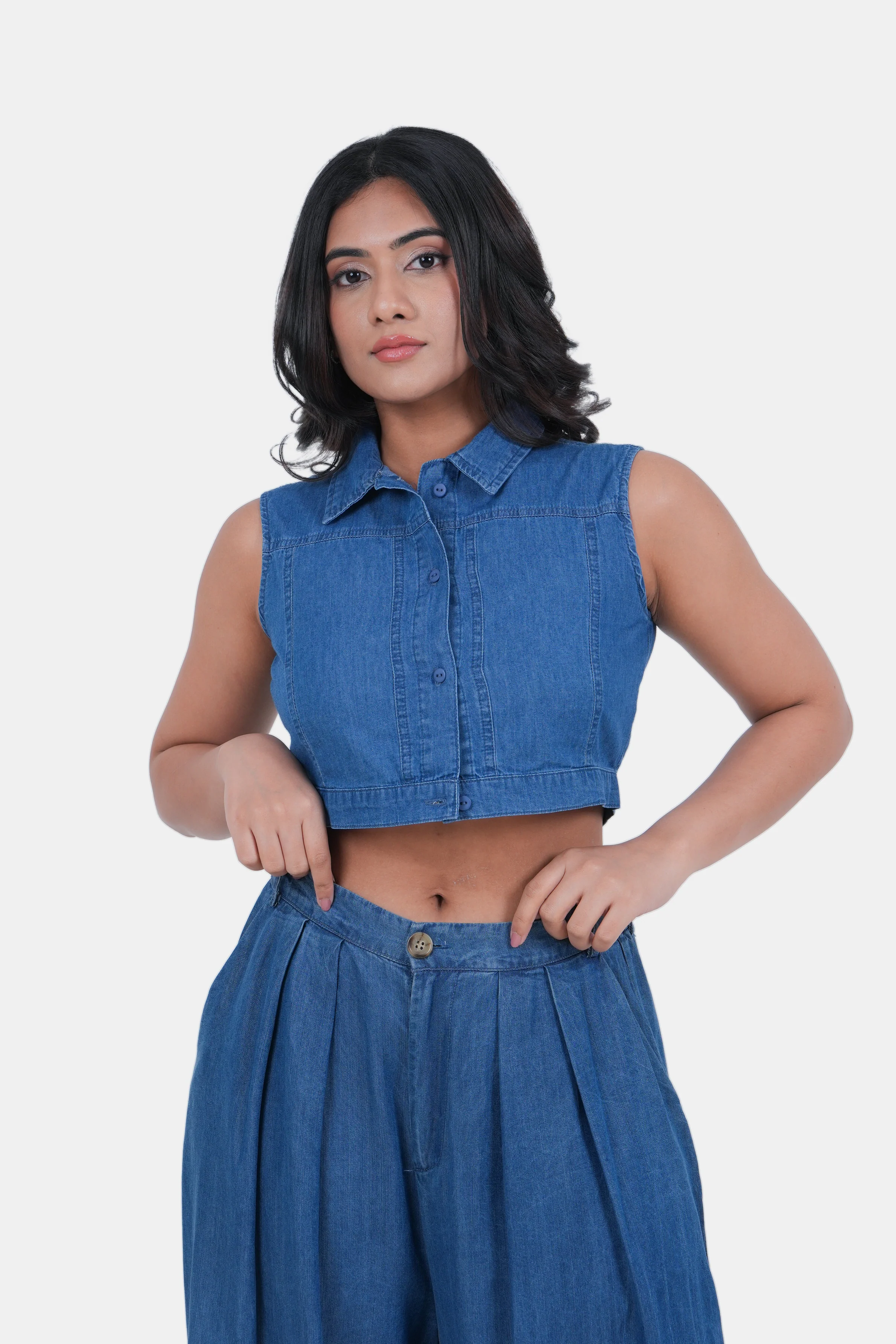 Modano Women's Denim Sleeveless Crop Top - Casual Wear - Image 3