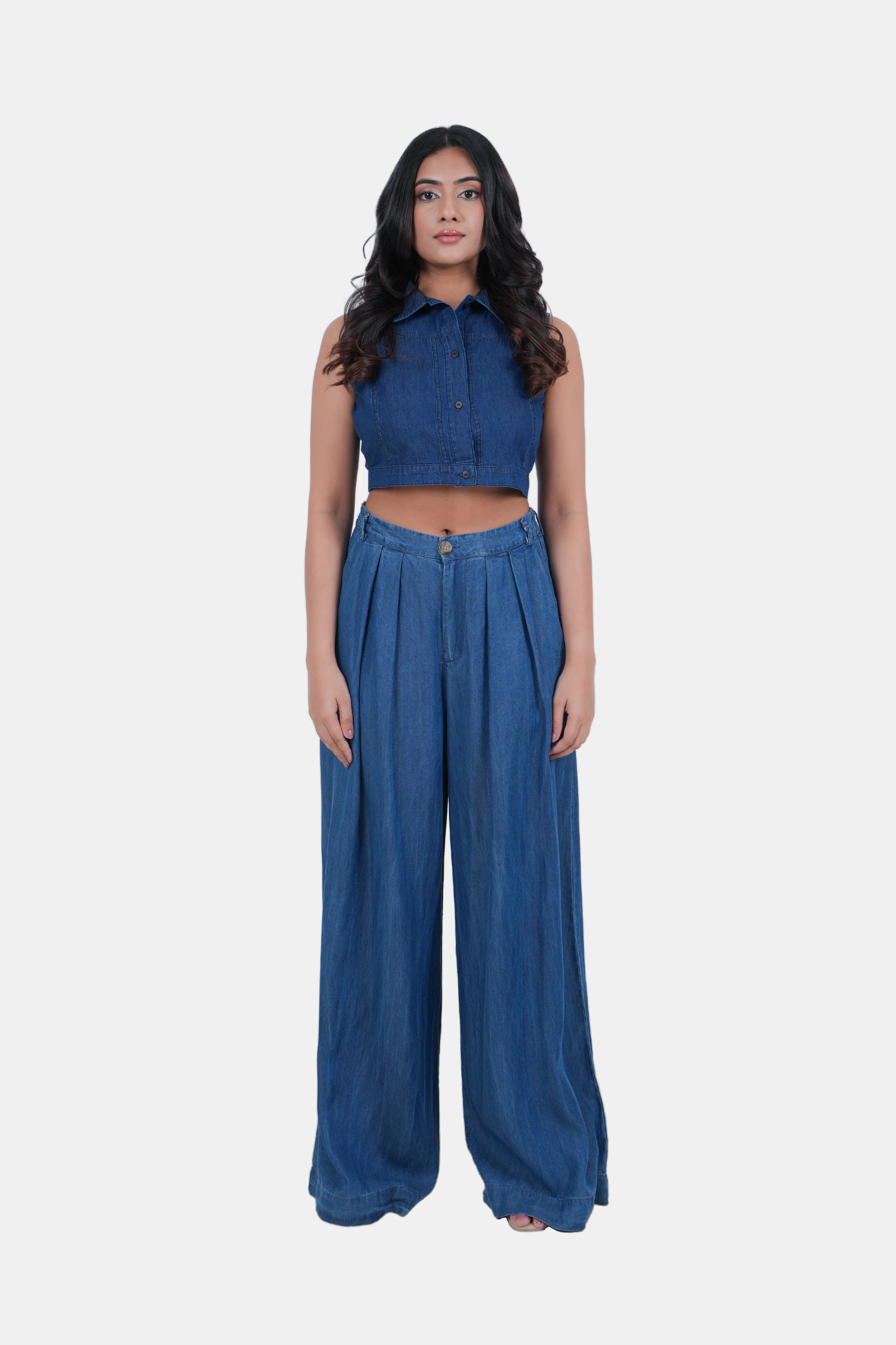 Modano Women's Denim Sleeveless Crop Top - Casual Wear - Image 4