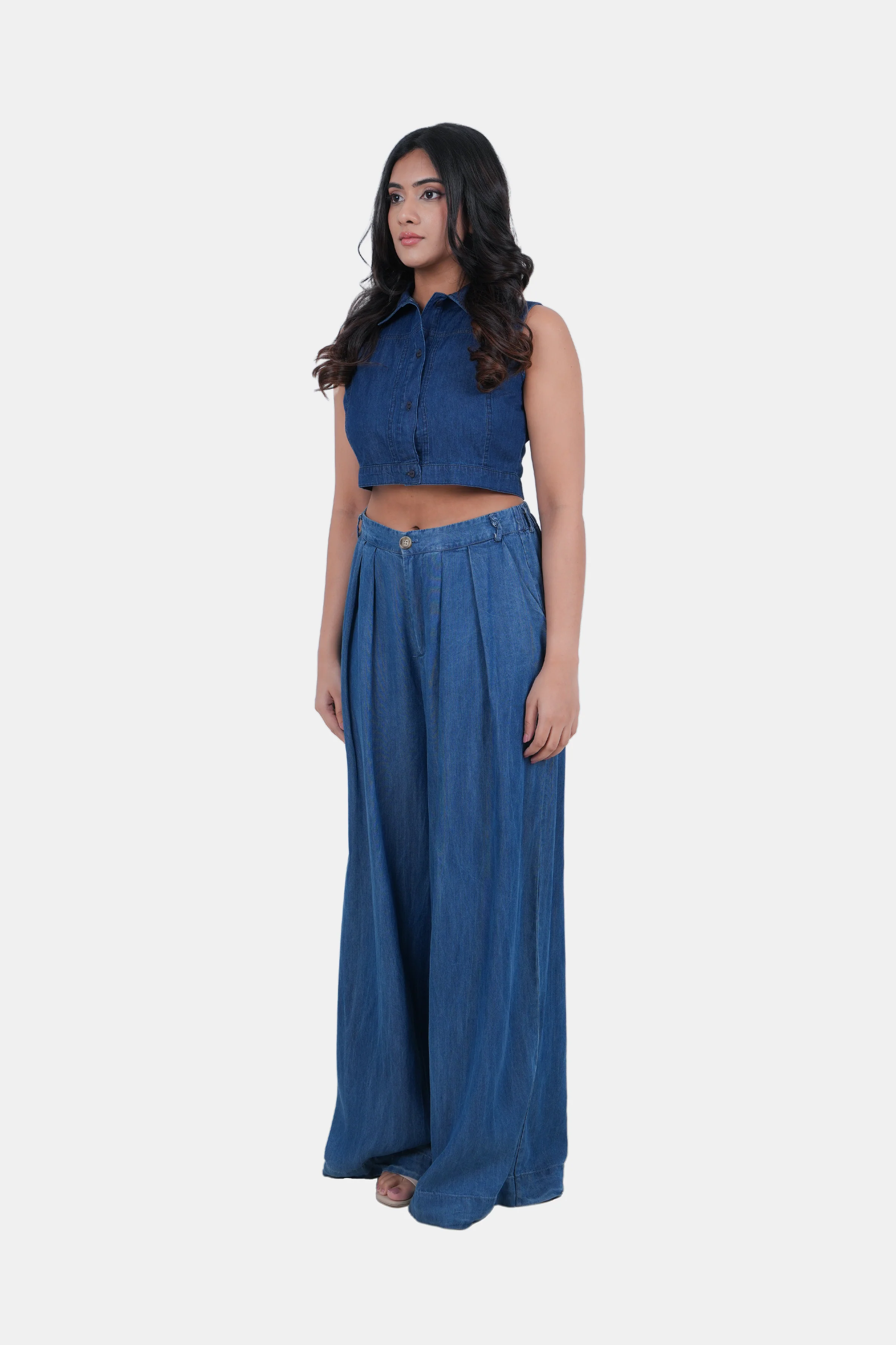 Modano Women's Denim Sleeveless Crop Top - Casual Wear - Image 5